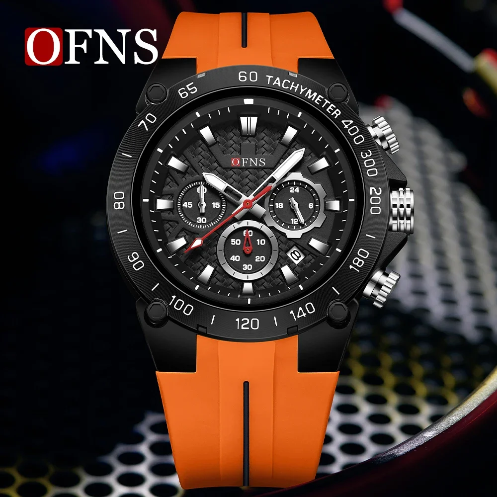 OFNS 1207 Men's Sports Watch Three Eyes Six Needles Multi Functional Luminous 5ATM Waterproof and Drop Resistant Student Watch