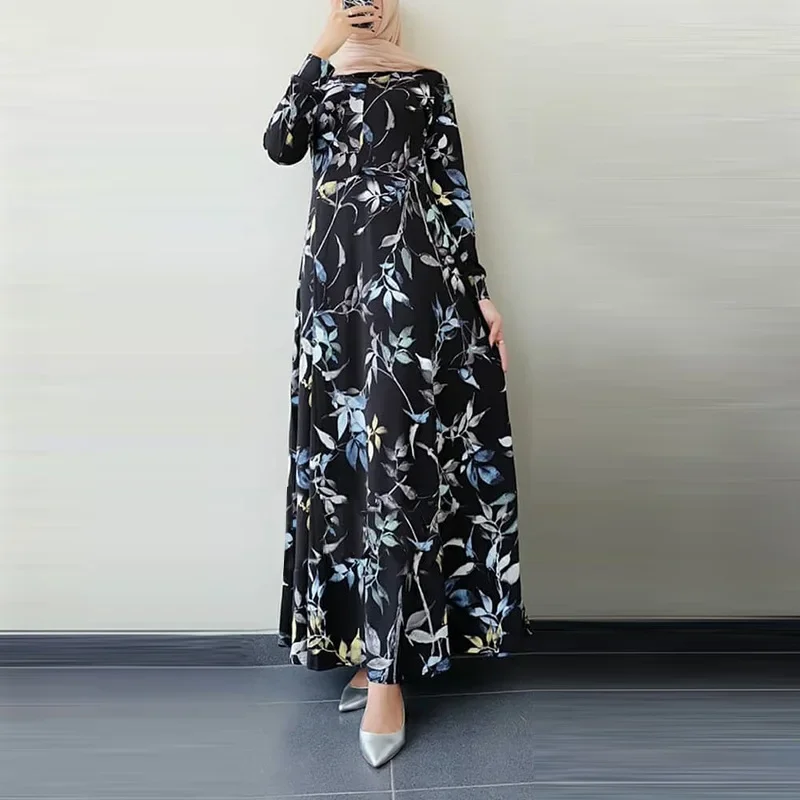 2025 Nieuwe Moslim Abaya Jurk Vintage Print Gewaad Femme Musulman Ronde Hals Grote Schommel Vrouwen Jurk voor Europa Amerika Dubai Marokko