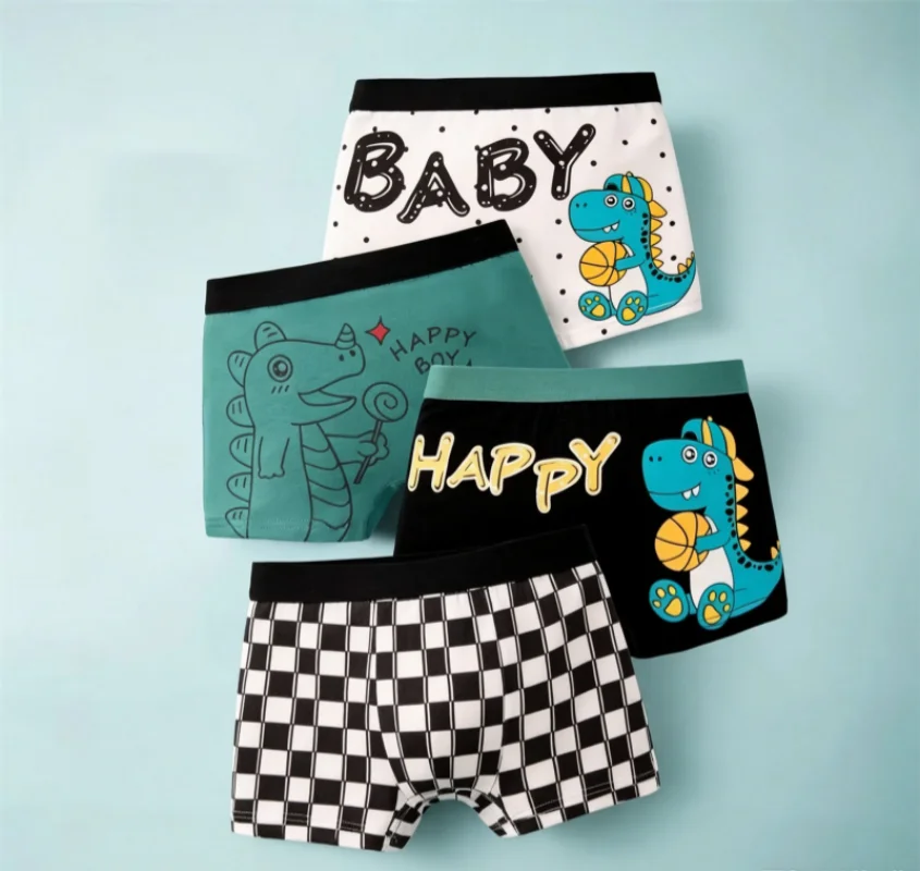 4Pcs/Set High-Grade Cotton Boys Boxer Shorts, Stylish Dinosaur Pattern Breathable Kids Underwear, Ultra Soft Children’s Daily Un