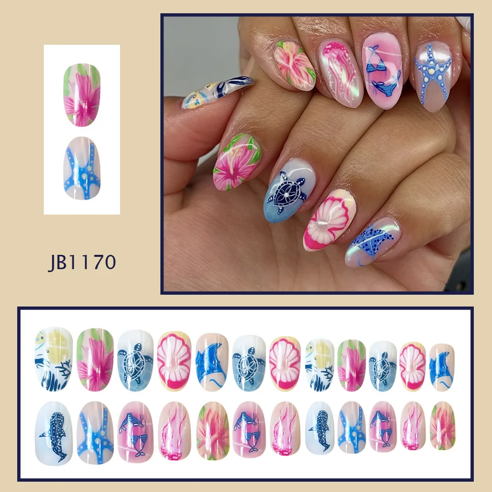 24PCS Colorful Fake Nail Summer Beach Almond Press on Nails Hibiscus Flower Jellyfish Turtle Starfish Print Reusable False Nails