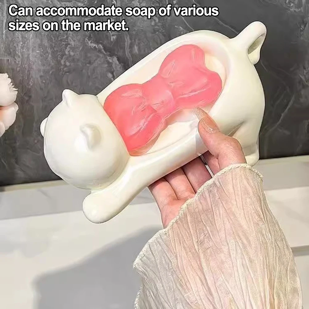 2pcs Cute Cat Soap Dish With Drainage System Smooth Plastic Bathroom Sink Organizer For Bar Soap White