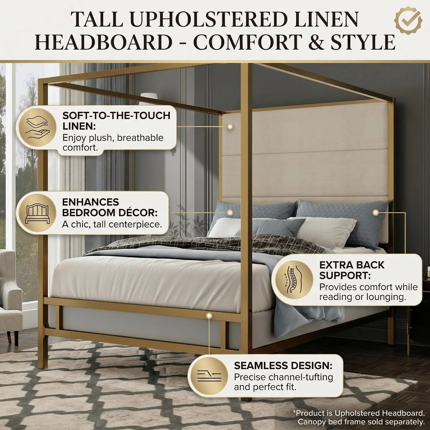 Queen Canopy Bed Frame with Linen Headboard & 4-Poster Metal Frame, Customized - view 4