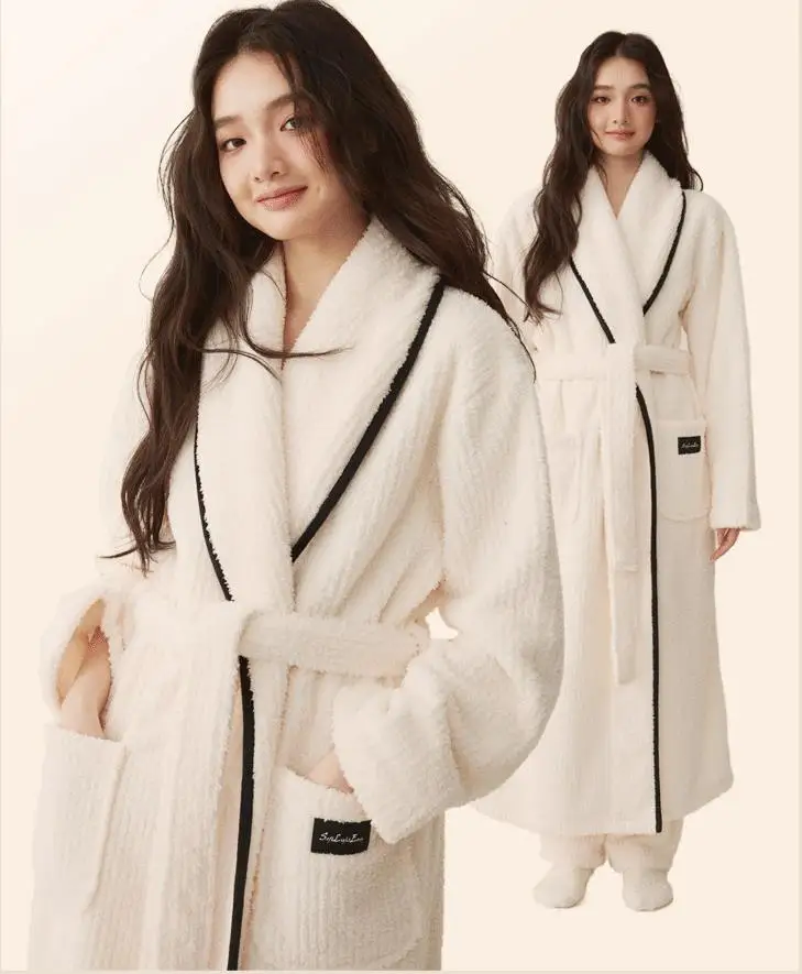 

New Arrival Sleepwear Robes Thickened Flannel Kimono Robe Couple Coral Velvet Bathrobe Striped Lengthed Home Clothes Night Robe