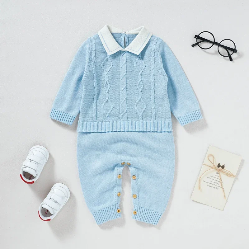 Newborn Baby Romper 100%Cotton Knit Infant Boy Jumpsuit Outfit Solid Toddler Clothing Fashion Turn-down Collar One Piece Overall