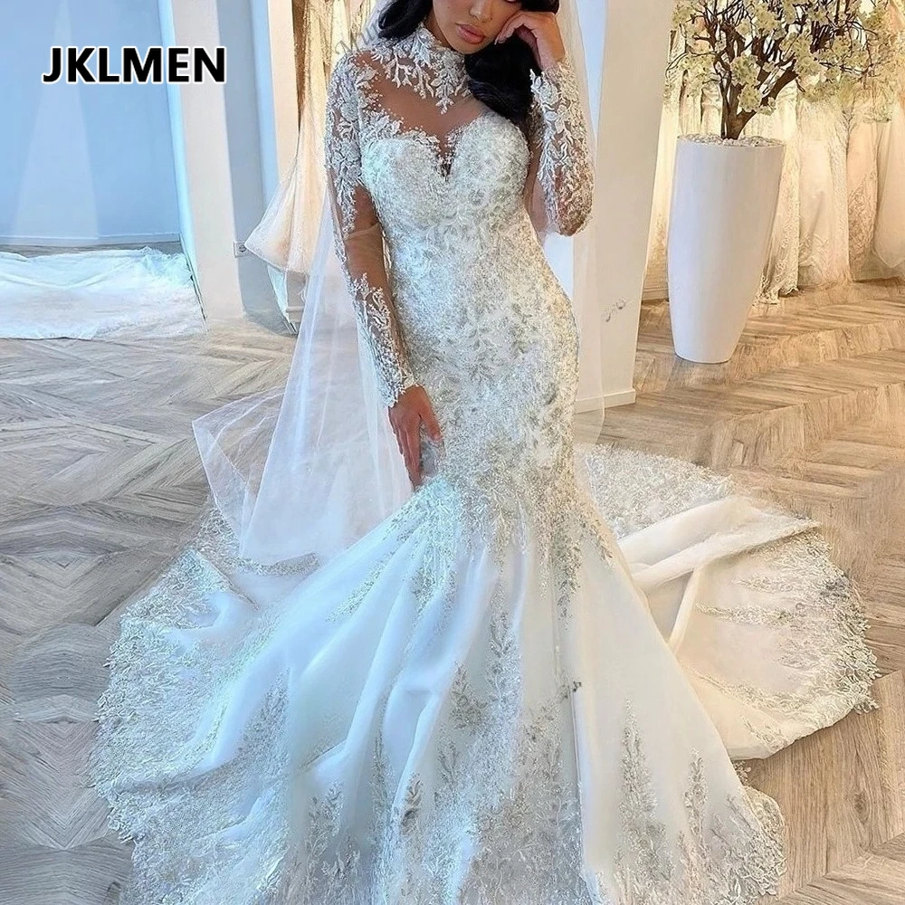 Dubai Afrikanisches Hochgeschlossenes Weißes Meerjungfrau-Hochzeitskleid Boho 2026 Lange Ärmel Schleppe Muslimisches Brautkleid Robe De Mariage