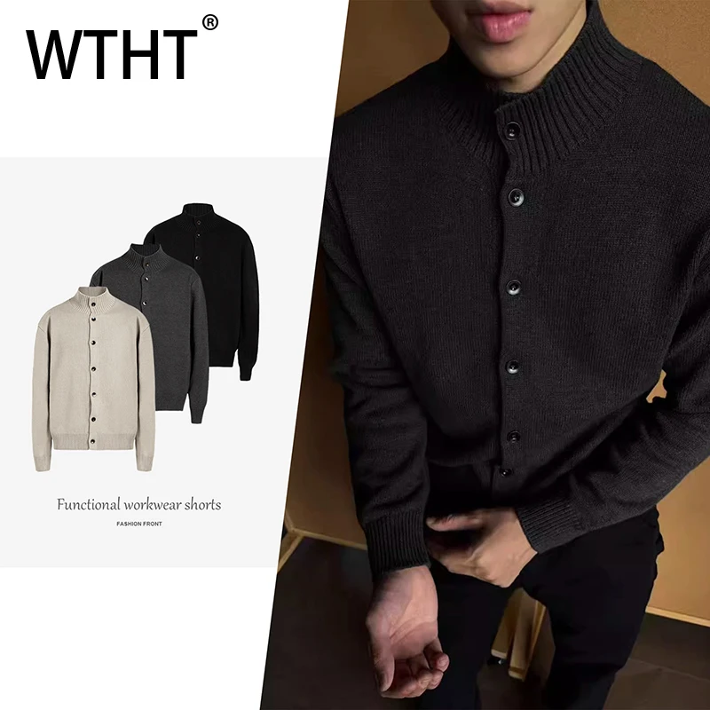 

WTHT Fashion 2025 Autumn Men's Solid Color Texture Knit Sweater Trendy Stand Collar Single Breasted Loose Top Male 2A2400