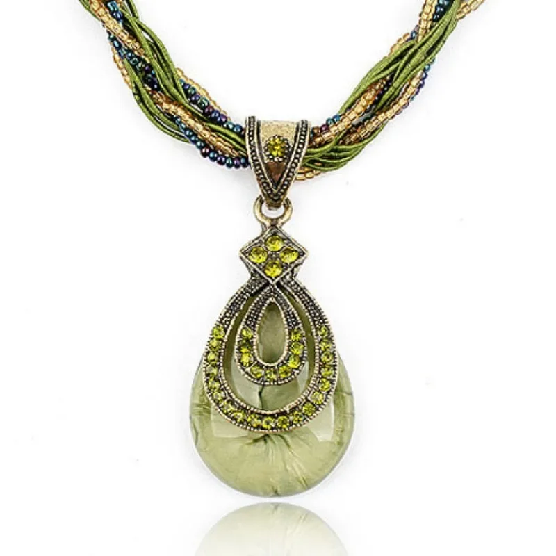 POPACC Bohemian Ethnic Style Jewelry Vintage Gemstones Water Droplets Necklace for Women Korean Sweater Chain Party Decoration