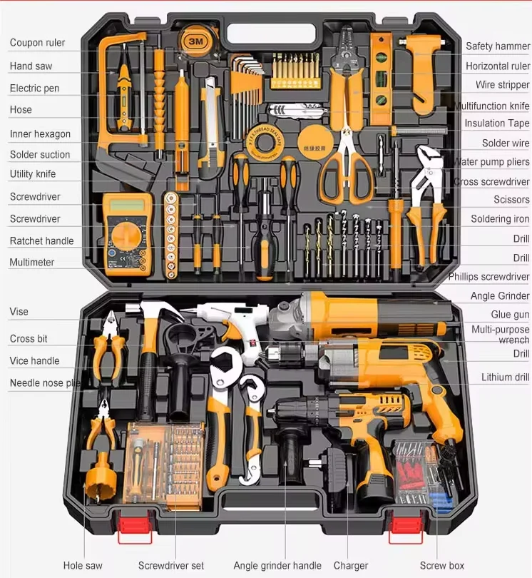 Cordless drill press and hand wrench power tool set combo kit for repairing multiple styles in one toolbox