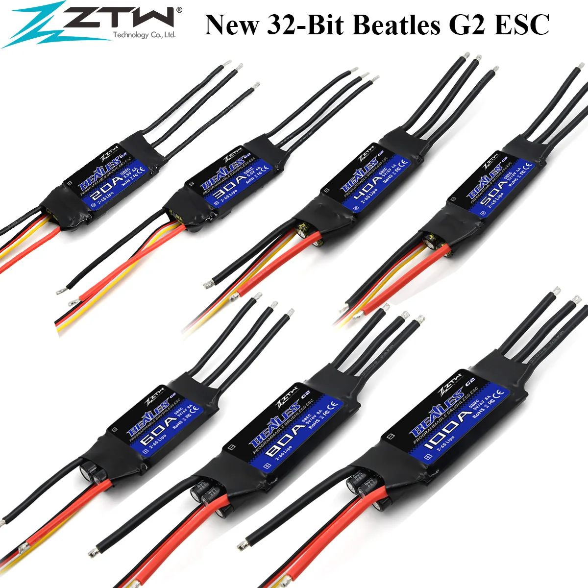 ZTW 32-Bit ESC Beatles G2 20A 30A 40A 50A 60A 80A 100A SBEC 5V/6V 8A 2-6S Brushless Speed Controller for RC Airplane Fixed Wing