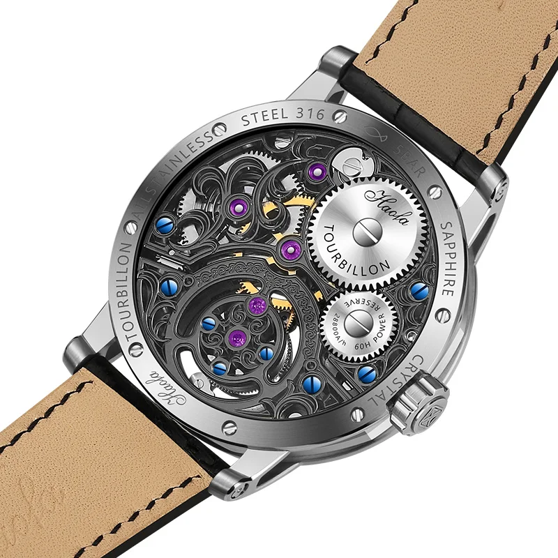 Haofa Tourbillon GMT Starry Sky Function Men Hollow Mechanical Watch Mother of Pearl Dial Leather Strap Waterproof Business 1939