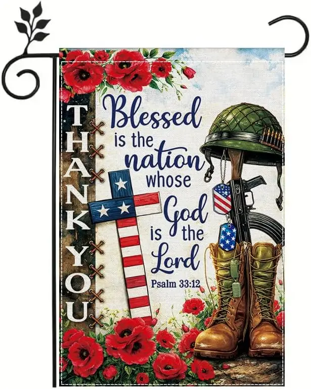 Patriotic Military Garden Flag 12x18 Inch, Christian Cross American Flag Garden Flag, Thank You Veteran Memorial Day Outdoor jjp