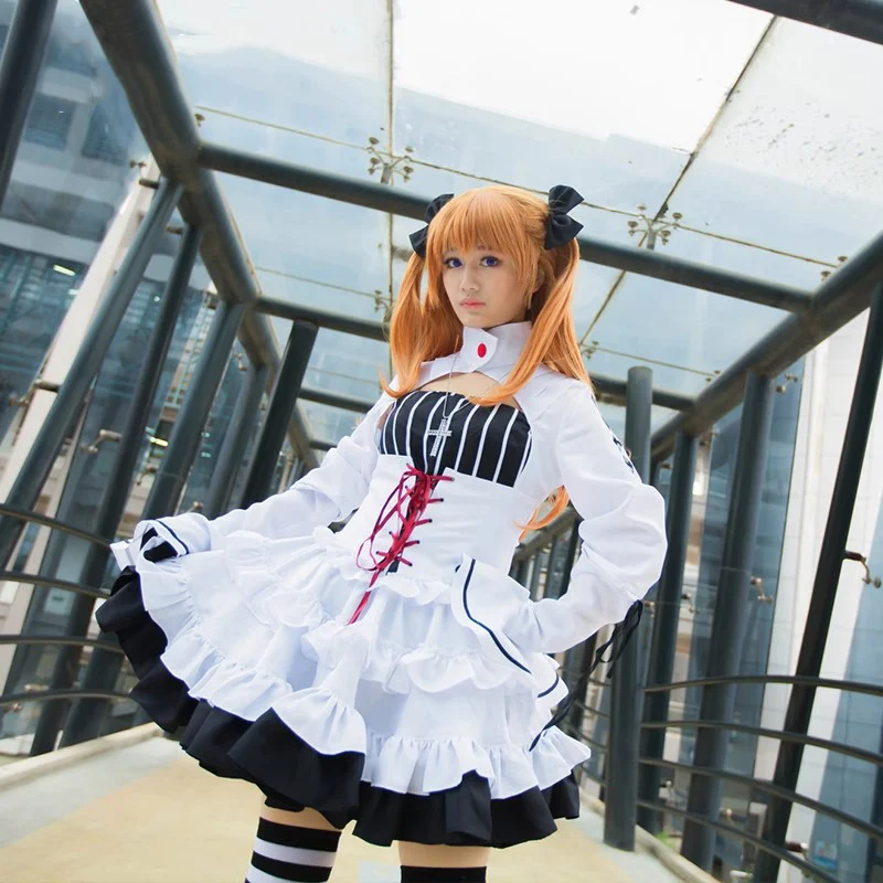 Anime Asuka Cosplay Costume Custom Made White and Black Dress Sexy Full Sets A