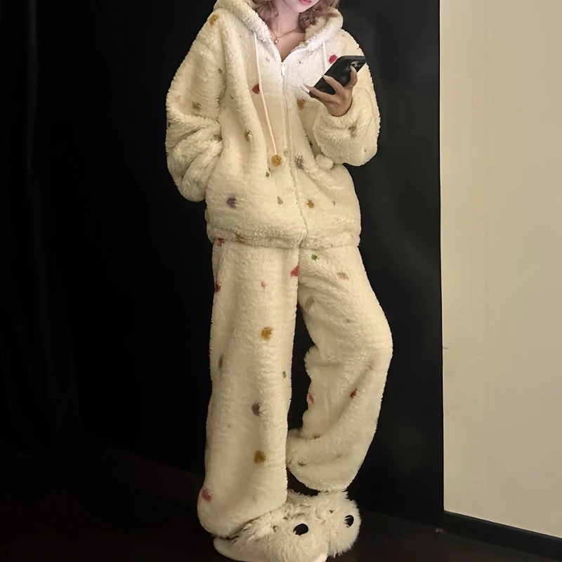Sweet and Cute Colored Polka Dot Hooded Coral Fleece Sleepwear for Women, 2025 New Model, Winter Thick and Warm