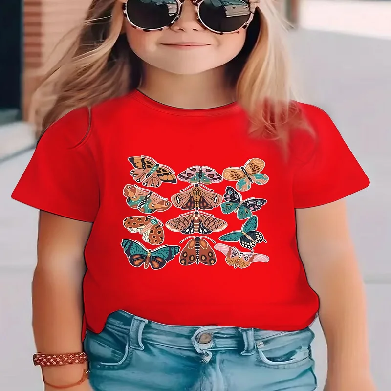 Children's T-shirt with multi-colored butterfly prints, breathable base layer; perfect for summer – sweet design with short slee