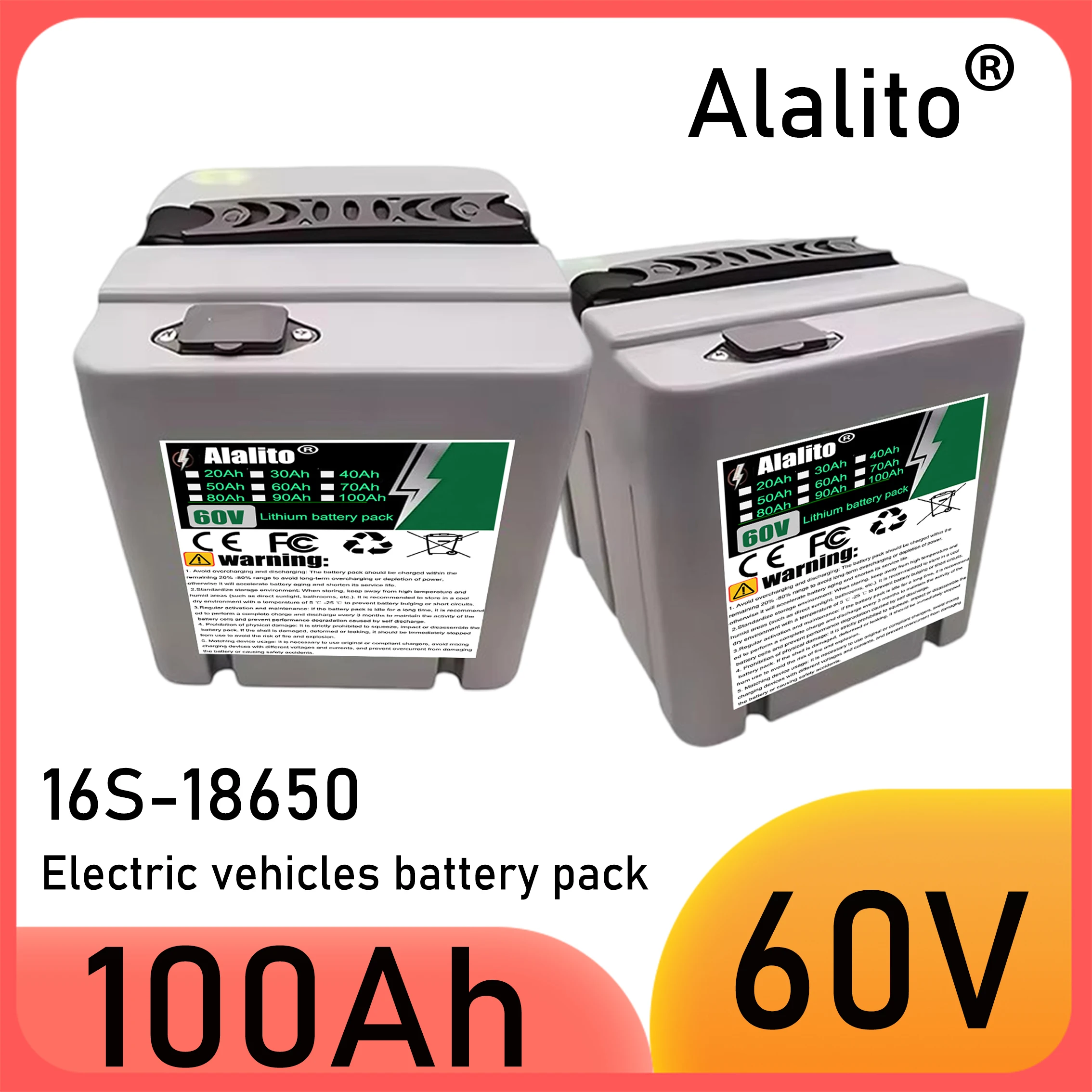 

60V 20Ah-100Ah battery pack, for 250-2000W motor, 18650 lithium battery, multiple capacity options