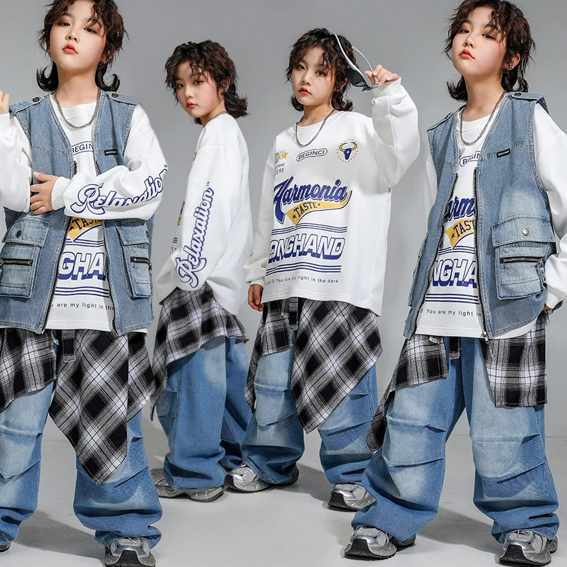 Ragazzi Hip Hop Pullover Street Dance Denim Pantaloni cargo Ragazze K-pop Abiti Bambini Jazz Sport Set di vestiti Bambini Stage Streetwear