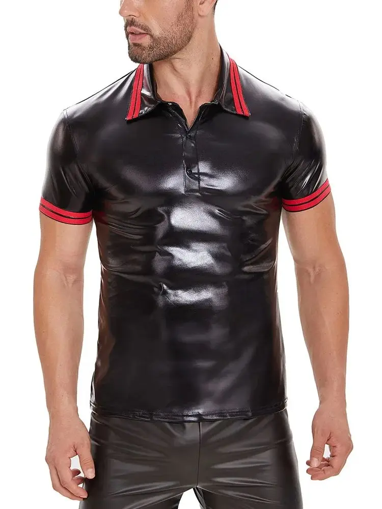 S-5XL Shiny Faux PU Leather Short Sleeve T Shirt Men Turn Down Collar Tshirt Tights Cosplay Hot Shapers Muscle Tees Clubwear Top