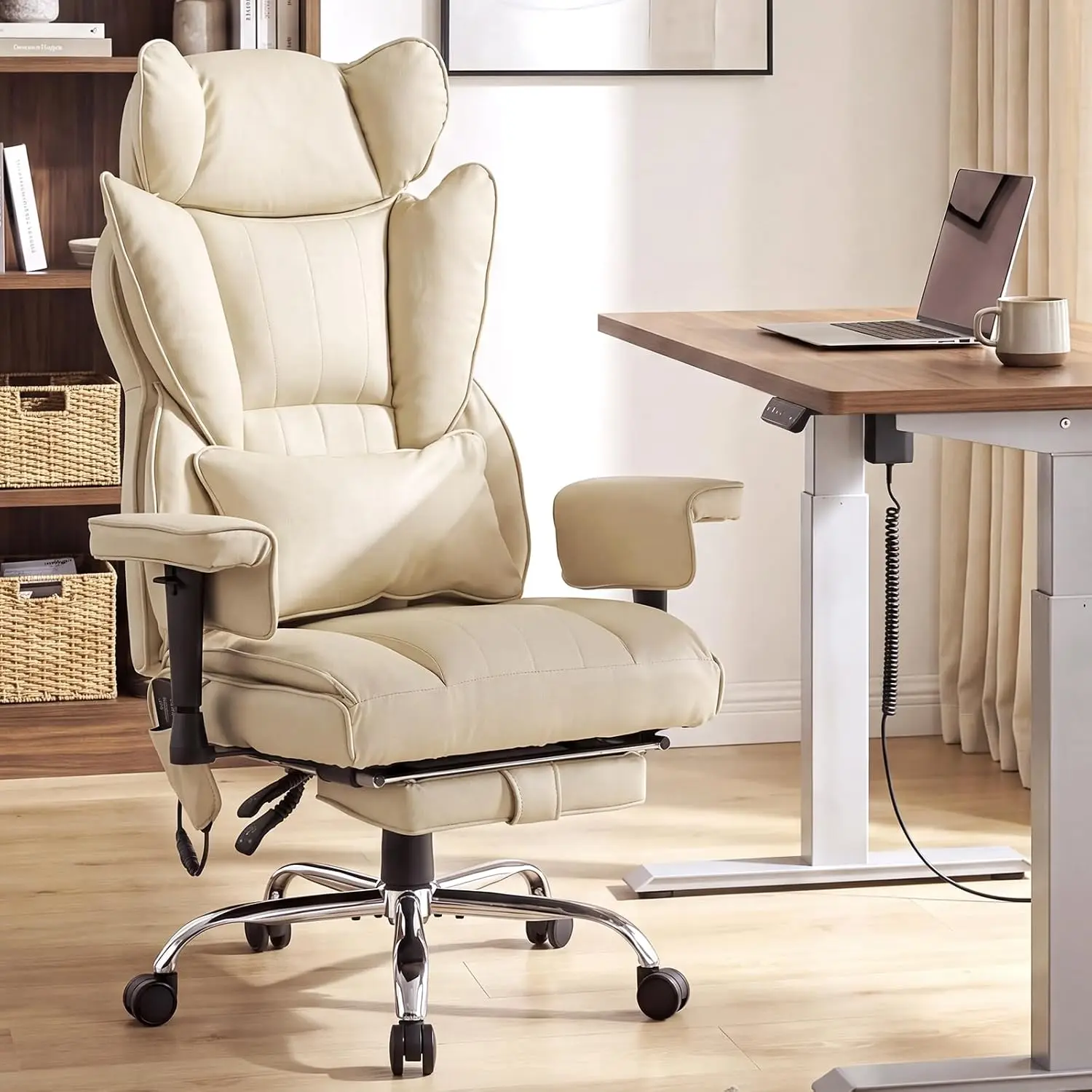 6 Points Massage Heated Home Office Chair with Foot Rest, Beige