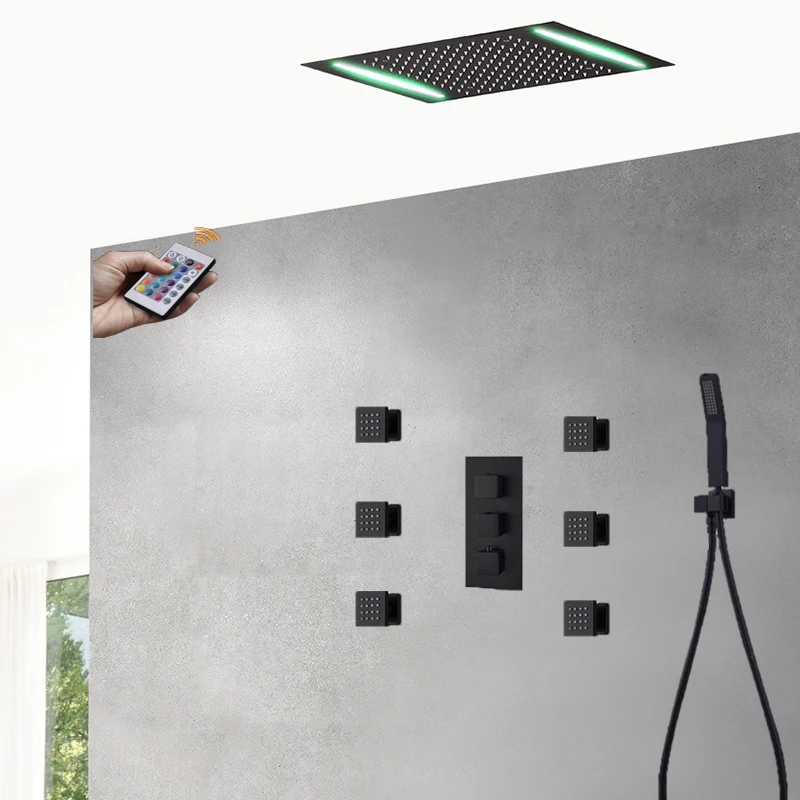 Imagem -02 - Recesso Teto Led Chuveiro Torneiras Grupo Sistema Termostático Banheiro Matt Black Shower Body Jets 360 mm x 500 mm Chuva