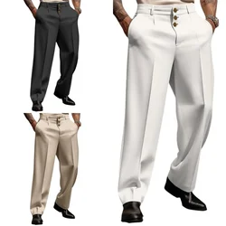 Men's Stand Pocket Elegant Wide Leg Pants Solid White Formal Party Trousers Plus Size 3xl Mens Fashion Triple Buttons Suit Pants