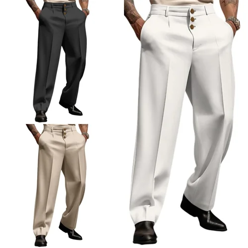 Imagen 1 del producto Pantalones de pierna ancha elegantes con bolsillo levantado para hombre, pantalones formales de fiesta blancos sólidos de talla grande 3xl, pantalones de traje con triples botones a la moda para hombre