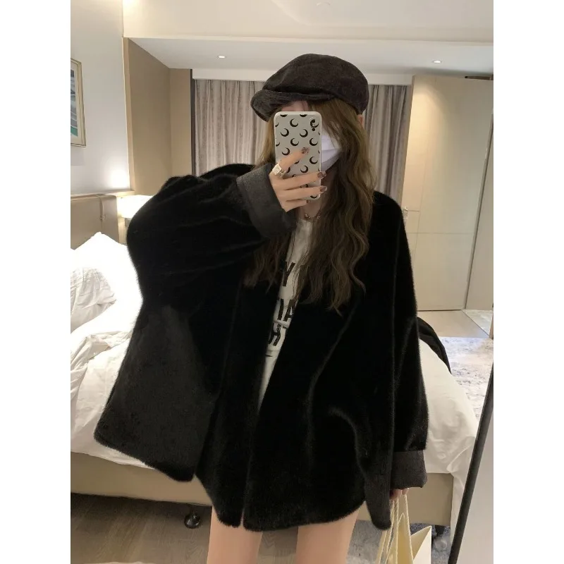 

Женское зимнее пальто из искусственной норки, пушистый, мягкий, новый кардиган большого размера, корейское элегантное пальто из искусственного меха, экологически чистые шубы, черные