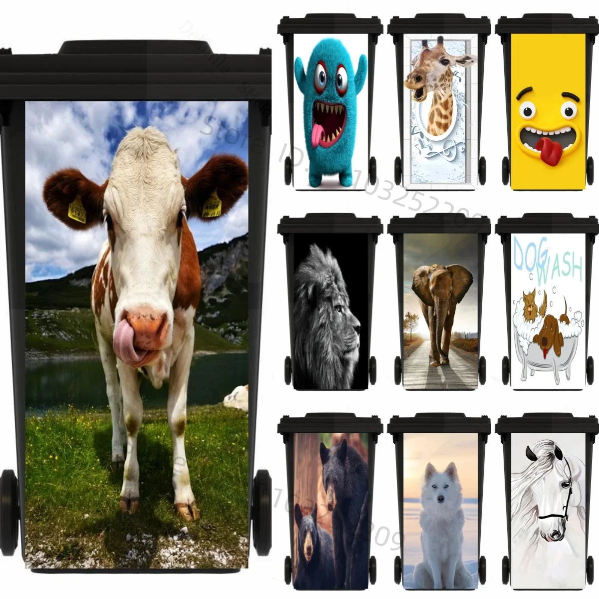Funny Cattle Animal Trash Can Sticker Outdoor PVC Waterproof Stickers Diy Garbage Bin Green Plant Leaves Peel and Stick Decals