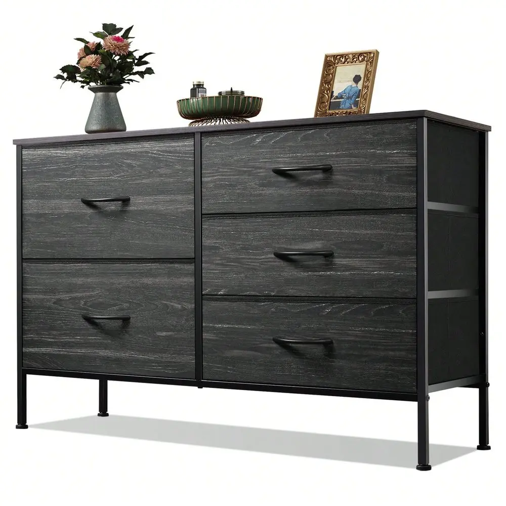 With 5 Drawers, Wide Fabric Storage Chest For Bedroom, Living Room, Closet, Rustic Brown Wood Grain