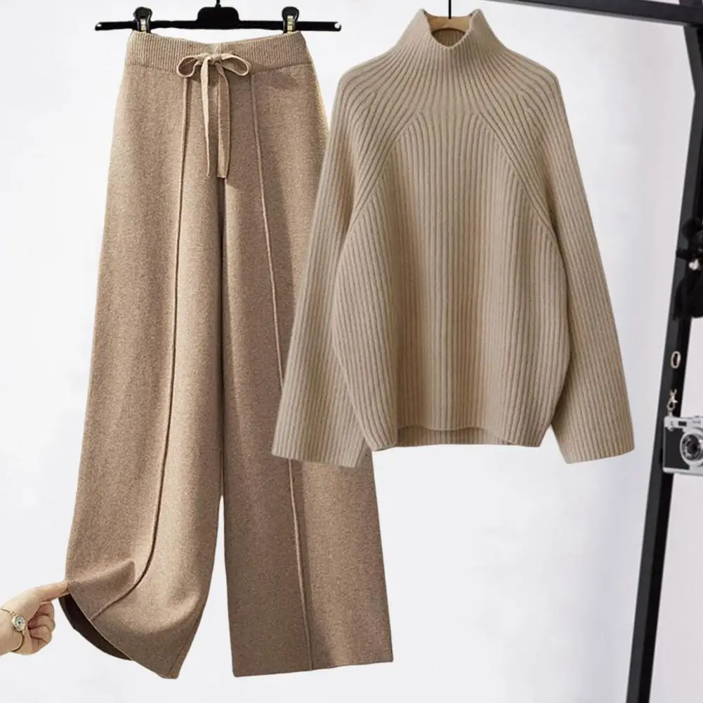 Autumn Winter Warm Knitted Suit Women Long Sleeve Half Turtleneck Knitting Sweater And Wide Leg Pants Sets Outer Wear Loose Set