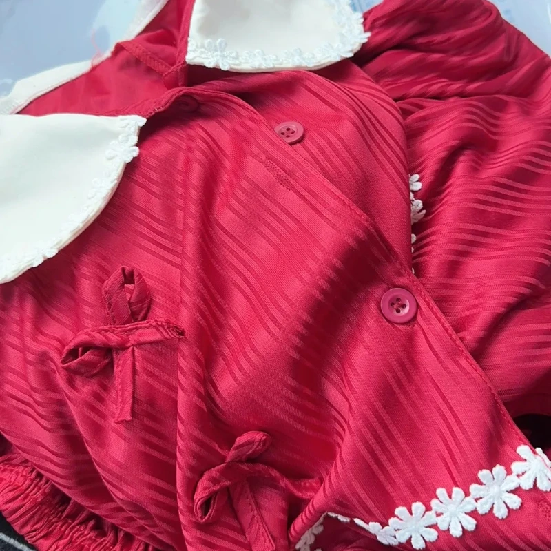 Sweet Sleepwear Women Two Pieces Short Sleeve Cardigan Shorts Japanese Pajama Sets Kawaii Baby Neck Loungewear Red Nightwear