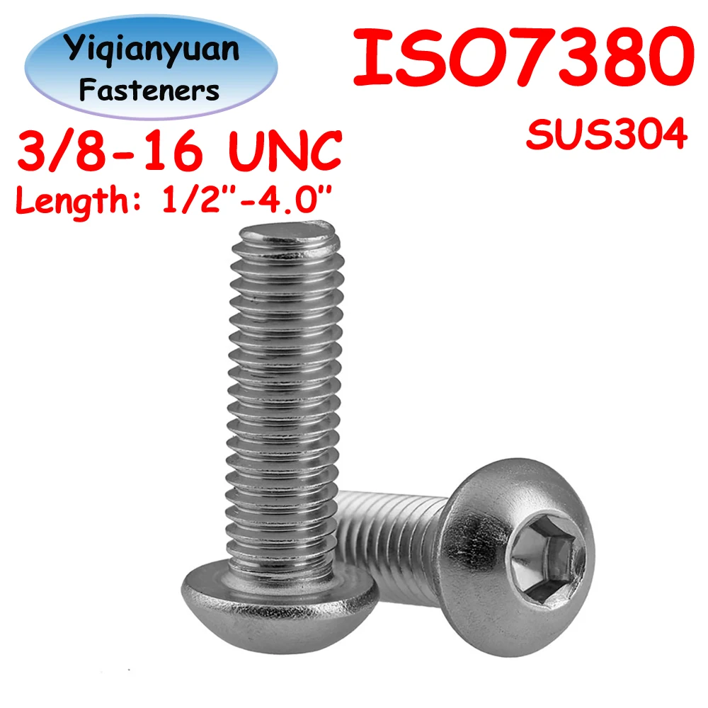 

3Pcs UNC Thread 3/8-16x1/2''~2-1/2'' SUS304 Stainless Steel Hexagon Socket Button Head Screws Bolts with Full Thread ISO7380
