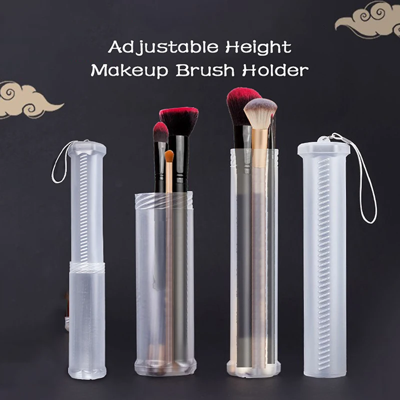 

1pc Portable Clear Plastic Pen Holder Makeup Brush Container With Lid Dustproof Adjustable Height Storage Case Stationery Box