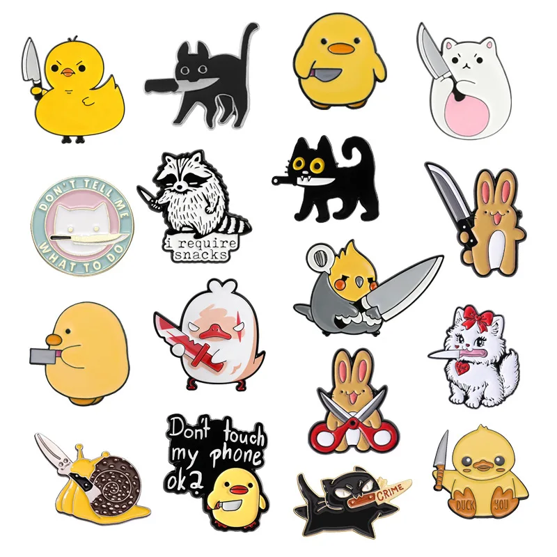 Animal Brooches Cartoon Duck and Rabbit Holding a Kitchen Knife Metal Badges Small Gifts Wholesale Backpack Pin Lapel Pins Cap