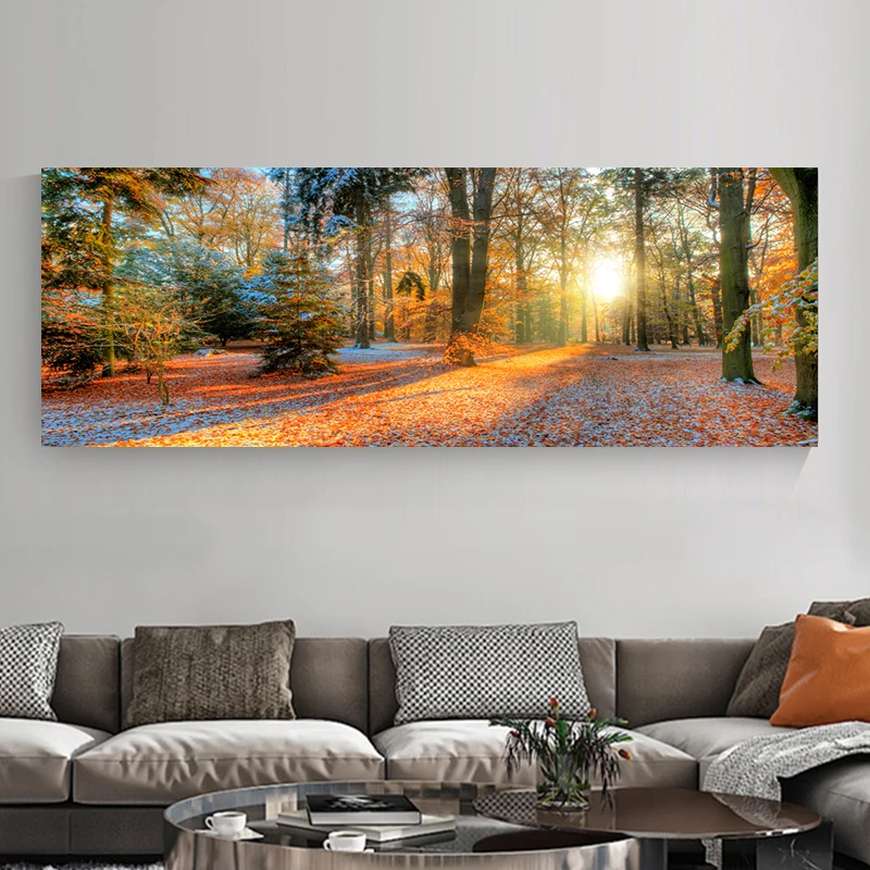Autumn Forest Natural Landscape Canvas Painting Wall Art Yellow Sunrise Tree HD Pictures Posters for Bedroom Wall Decor Unframe