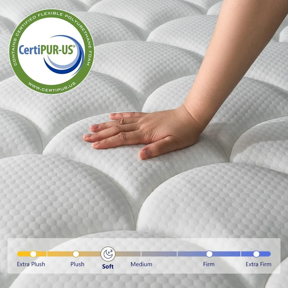 Mattress,Pillow Top Hybrid Mattress in a Box Medium Firm Fiberglass-Free,Soft Breathable Pressure Relief Memory Foam Pocket