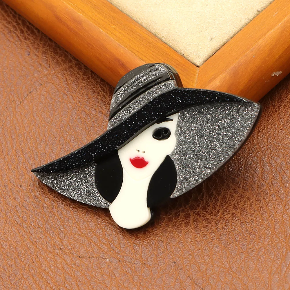 CINDY XIANG Acrylic Wear Big Hat Beautiful Lady Brooch Acetate Fiber Pin Elegant Women Jewelry High Quality