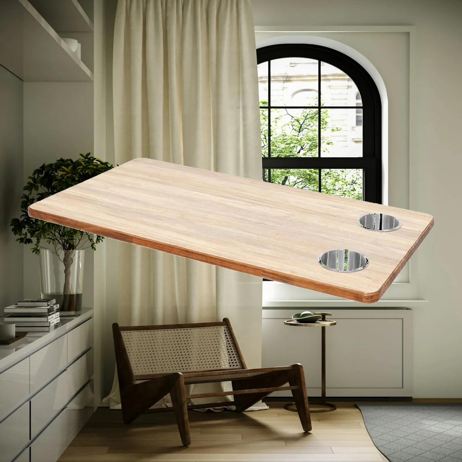 Tabletop with Cup Holders Compact Wooden Table Board TV Tray with Cup Holder Stable Versatile for Campers, RV Interior