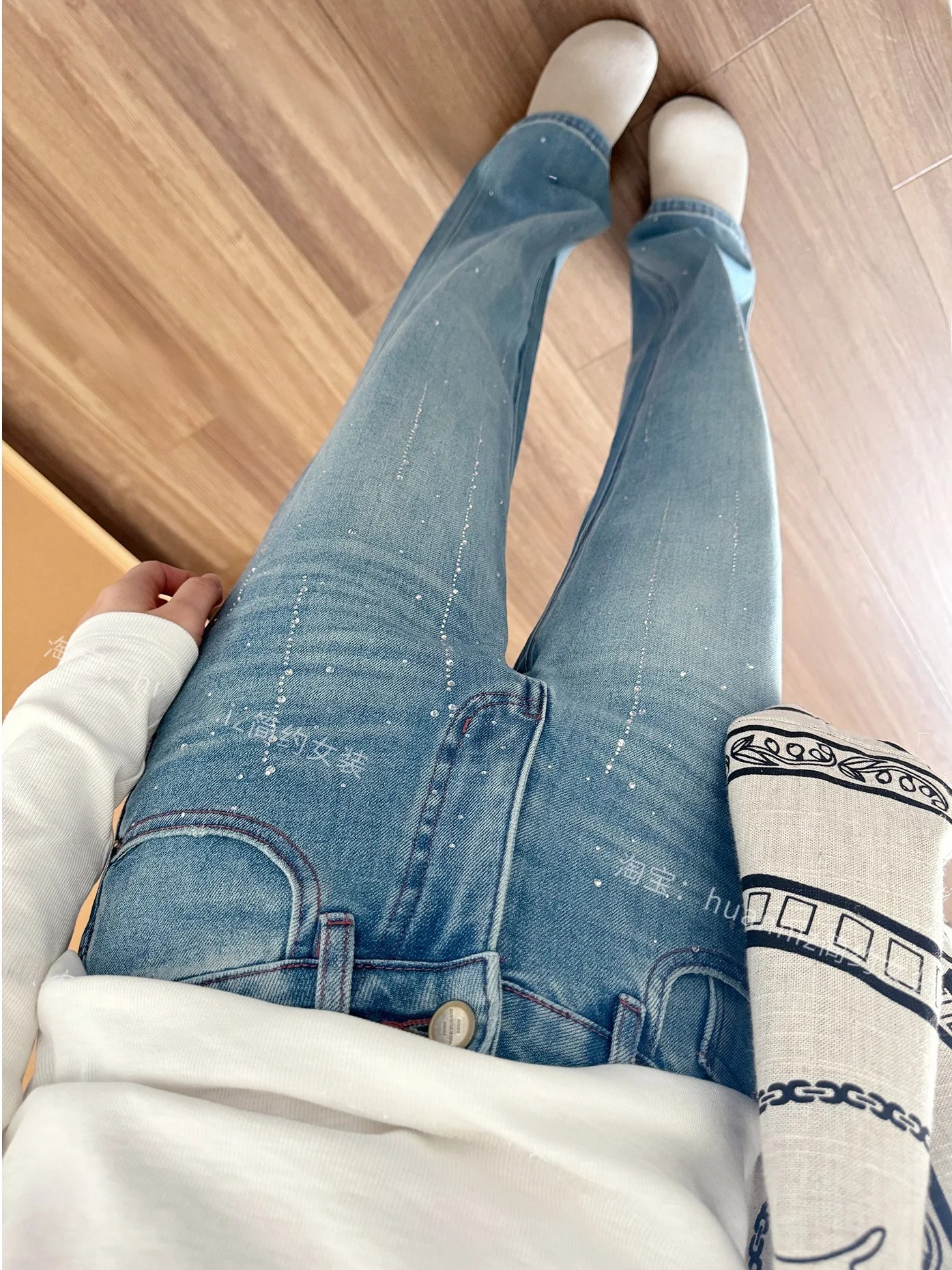 

Spring Meteor Ultra Shiny Wide Leg Jeans Women Slimming Leg Lengthening High Waist Straight Cut Four Way Stretch Denim Pants