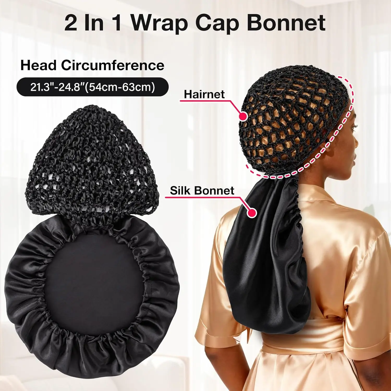 2 In1 Wrap Cap Bonnet Reversible Adjustable Tie Band, Silk Bonnet Hair Wrap Cap for Silk Press, New Satinbonnet for Sleeping