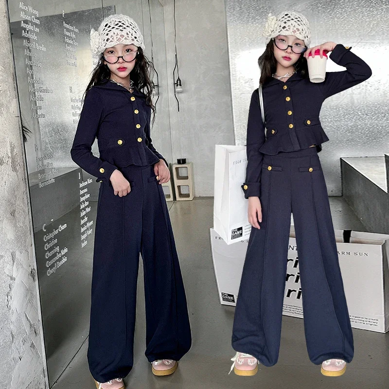 

spring French chic teen girls clothes set Lotus leaf hem lapel jacket+wide leg pants 2pcs junior kids fashion suit child outfits