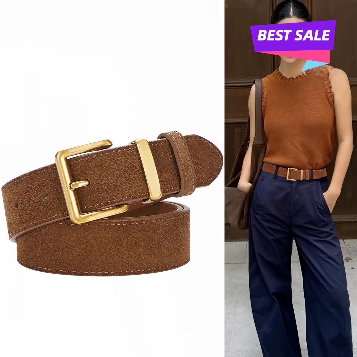 

Women's Retro Solid Suede Belt Fashion High-quality Black Khaki Buckle Belt Popular Trend Belt for Pants Jeans
