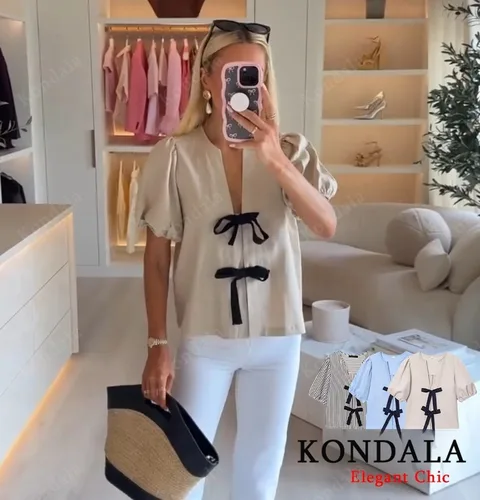 KONDALA señora elegante Casual camisa con lazo blusa de manga corta con cuello en V 2025 primavera otoño moda Simple viaje versátil camisa de mujer