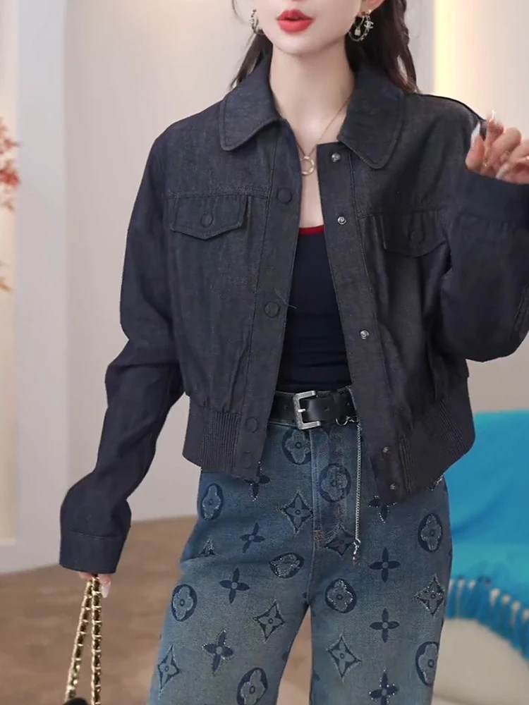 

Korean Sle Heavy Du Rhinestone Denim Jaet Autumn New Faion plus Size Versatile Top High Waist Loose Fit Long Sve