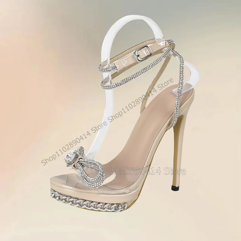 

Crystal Bow Knot Beige Metal Chain Decor Sandals Ankle Buckle Strap Women Shoes Thin High Heels Fashion 2023 Zapatos Para Mujere