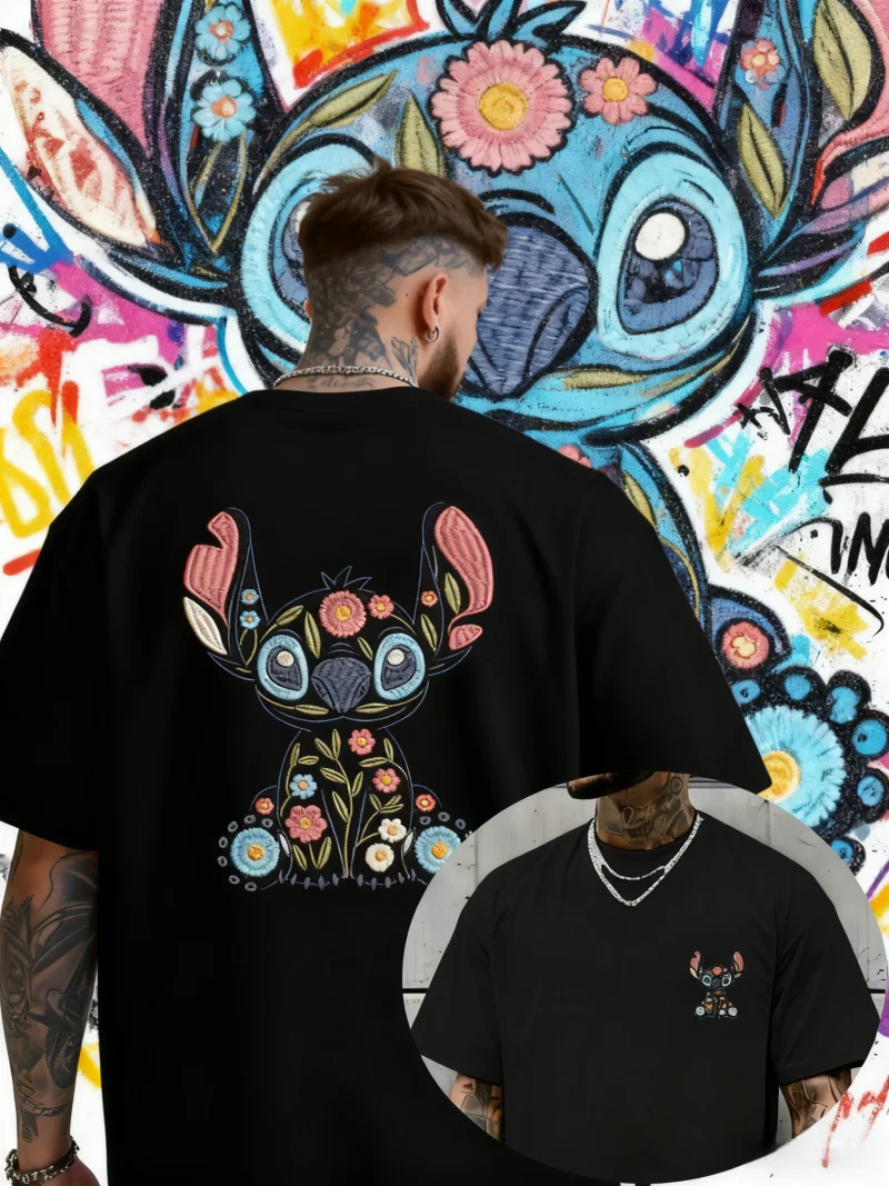 

2025 Summer Men's Disney Stitch Pattern T-Shirt Daily Leisure and Theme Activities Wear Unisex Cotton Short Sleeve Oversized