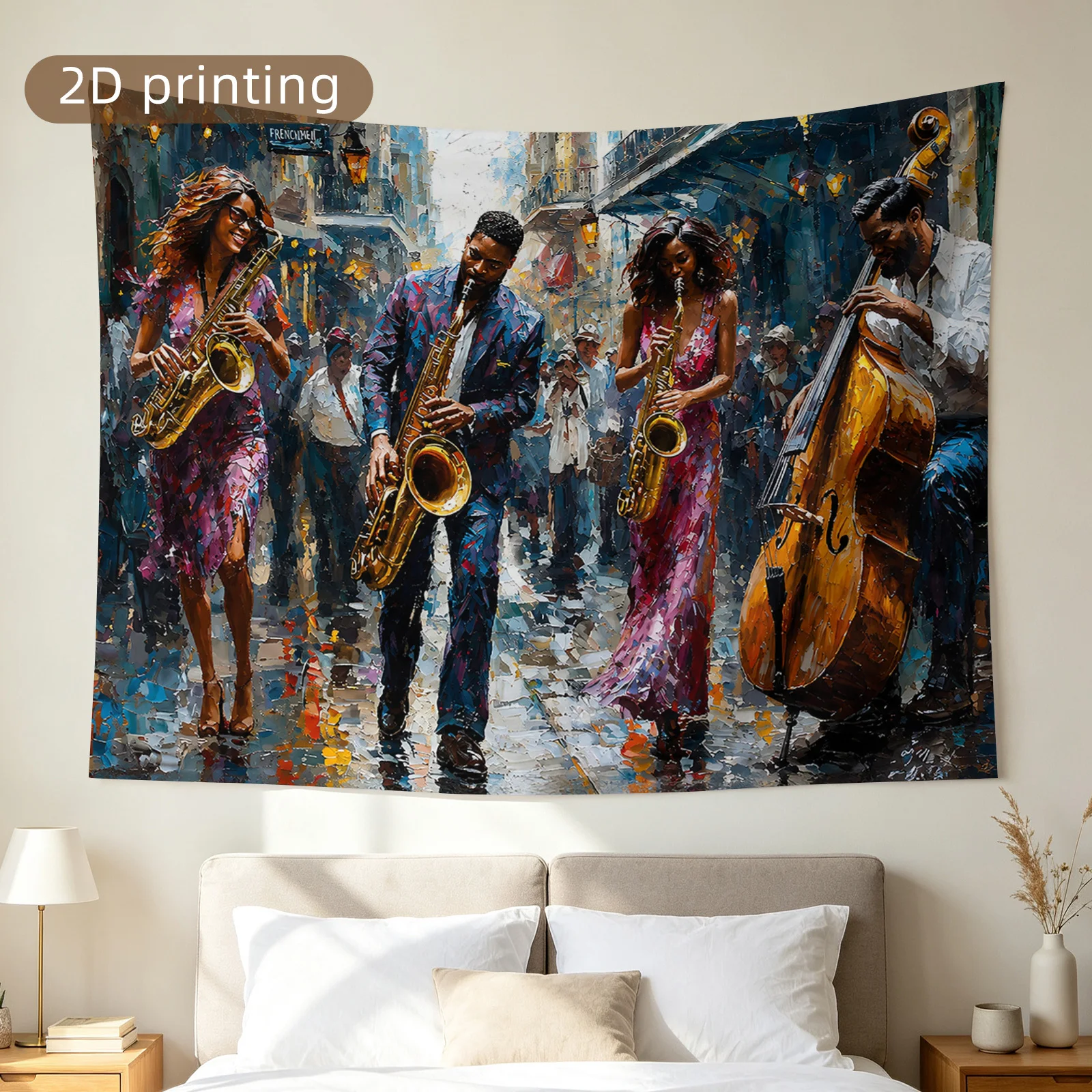 Jazz Band Tapestry, Saxophone & Double Bass Music Wall Hanging, Abstract Street Performance Art, Colorful Boho Dorm Decor Living