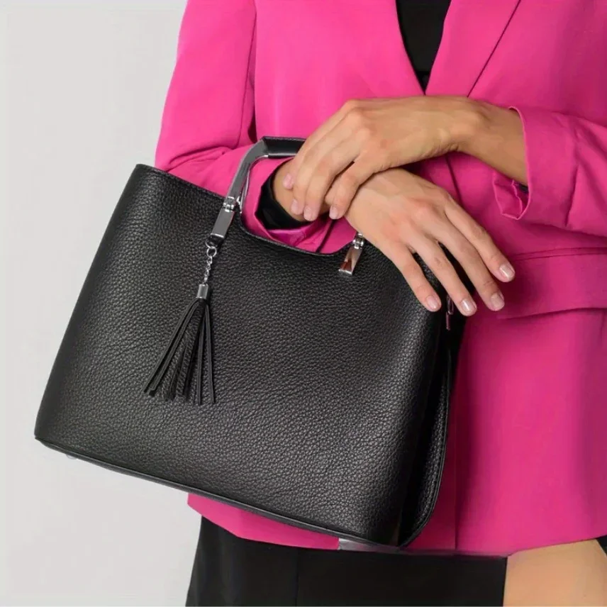 

Ladies' fashionable soft leather vegan leather tote bag with large capacity retro lychee pattern shoulder bag