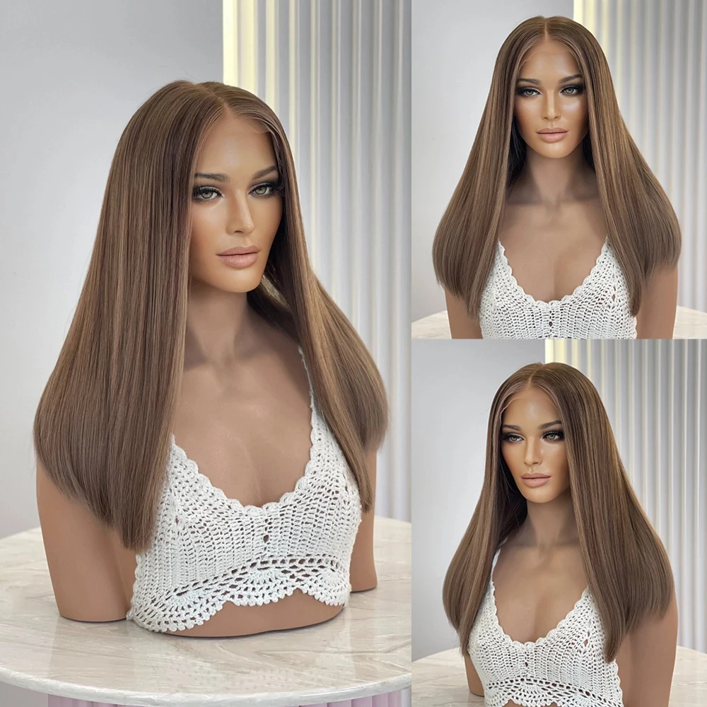 Chocolate Brown Highlights Glueless Wig 13x4 Natural Lace Front Wig Blend Synthetic Human Hair Brunette Brown Straight Wig Women