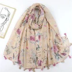 Spain Lovely Poppy Floral Tassel Viscose Shawl Scarf Lady High Quality Wrap Thin Headband Bufandas Muslim Hijab Sjaal 180*90Cm