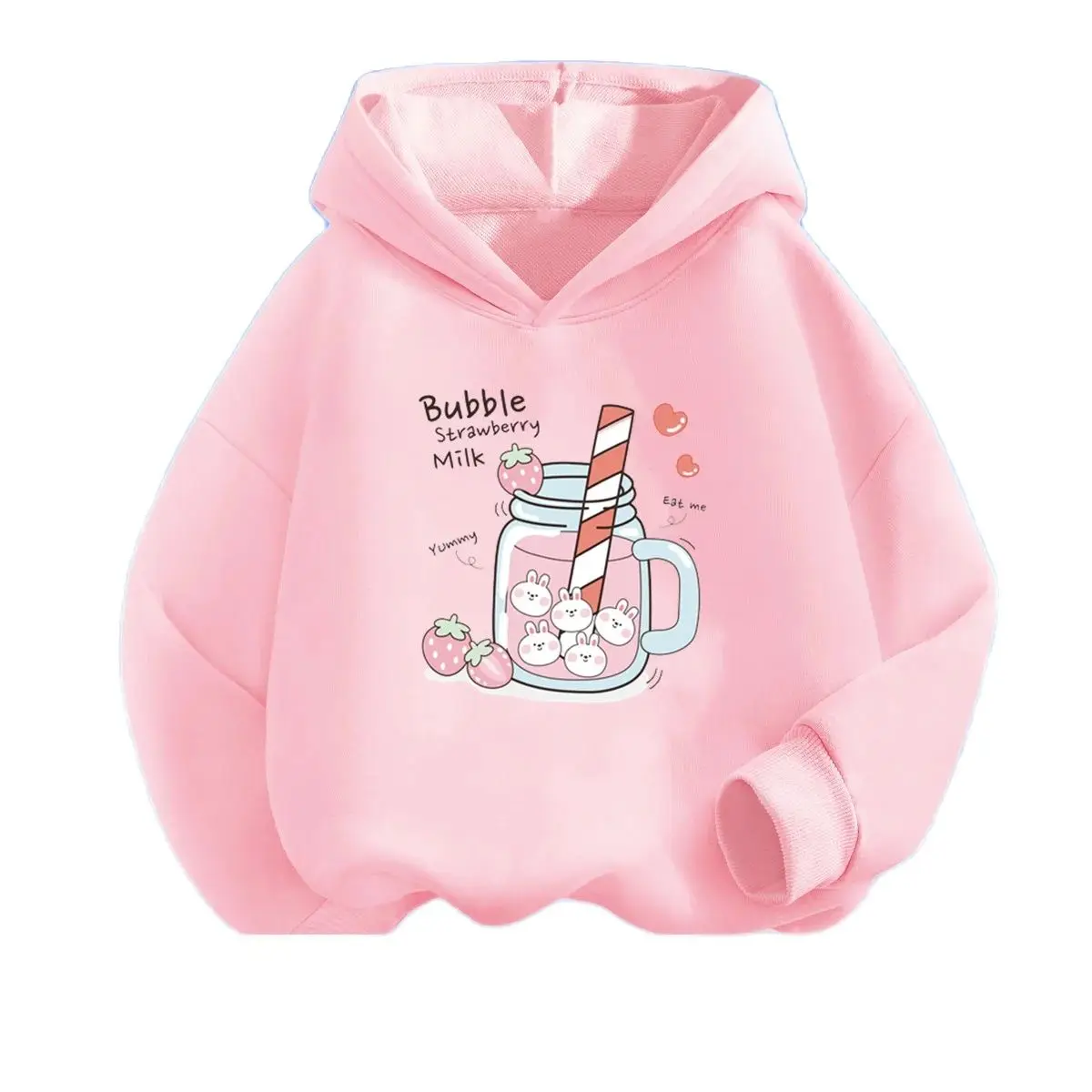 Strawberry Milk Print Kawaii Pink Hoodies Girls Street Fashion Thin Hooded Sweatshirts School Girl Pullover Tops